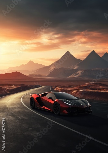 Fast sports car on road with shaped mountains in background, travel abroad concept. © annamaria