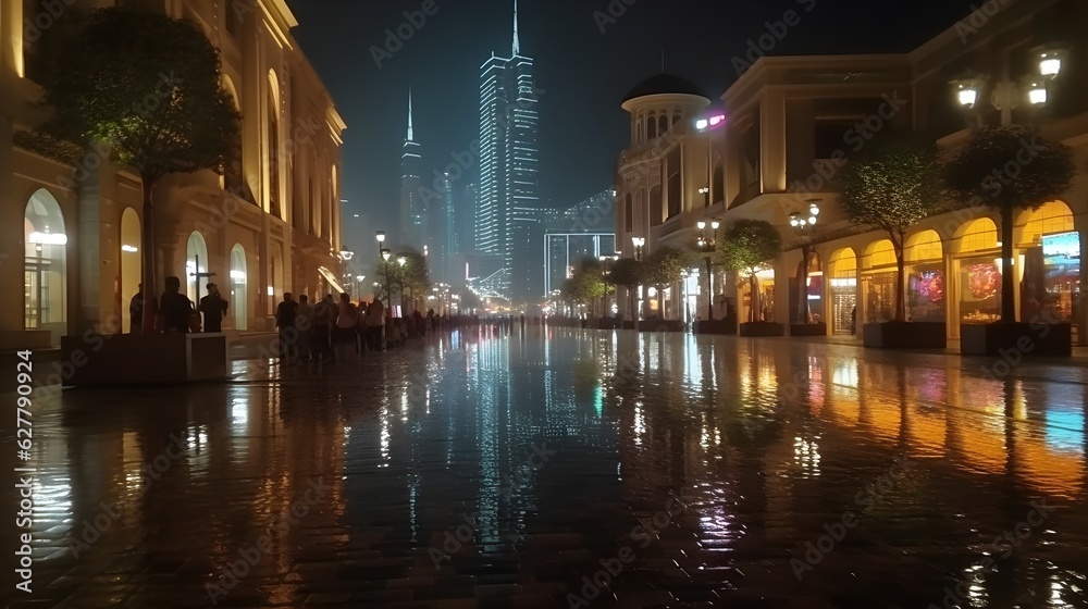 Dubai city square at night with skyscraper background busy nightlife. Generative AI.