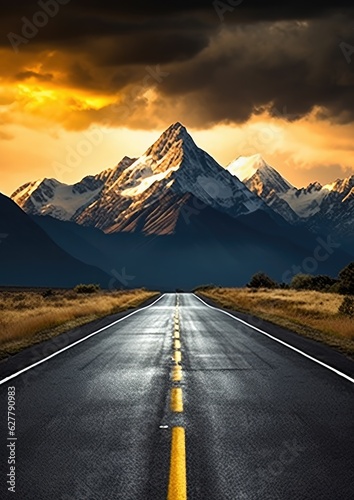 Empty road with shaped mountains in background, travel abroad concept. Nature wallpaper