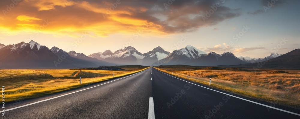 Empty straight road with shaped mountains in background, travel abroad concept. Wallpaper.