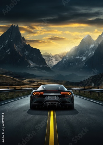 Fast sports car on road with shaped mountains in background, travel abroad concept.