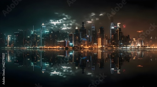City skyline during night time with reflection on the water. Busy night life. Generative AI. © Riocool