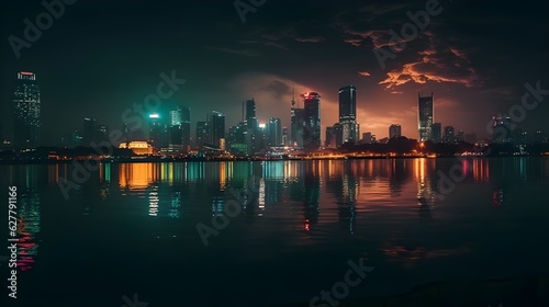 City skyline during night time with reflection on the water. Busy night life. Generative AI.