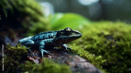 Calotes mystaceus blue lizard close up in nature blur background. Generative AI. © Riocool