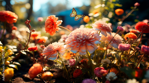 Serene Garden Landscape with Multicolored Blooms. Generative AI.