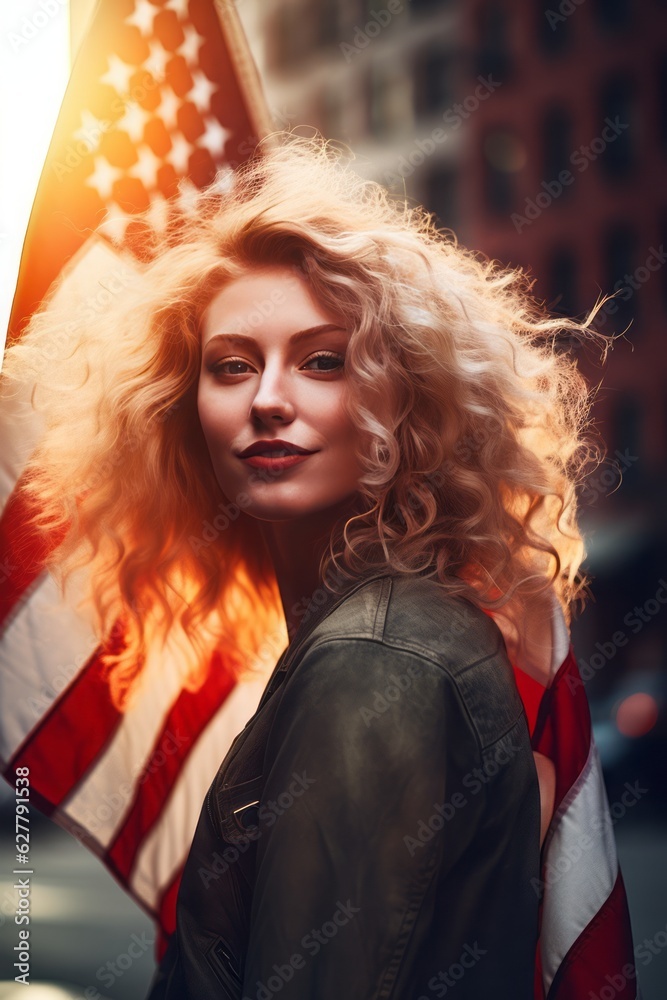 Naklejka premium American Girl with Thumbs Up, Wrapped in the American Flag, Embracing the Wavy, Red, and Light Amber Style Against the New York City Sunset