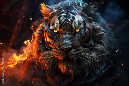 Aggressive mystical angry tiger on a dark background with smoke and fire