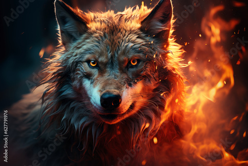 Aggressive mystical angry wolf on a dark background with smoke and fire