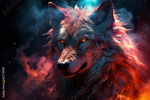 Aggressive mystical angry wolf on a dark background with smoke and fire