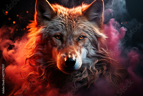 Aggressive mystical angry wolf on a dark background with smoke and fire © staras