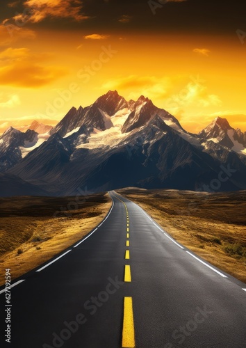 Empty road with shaped mountains in background, travel abroad concept. Nature wallpaper © annamaria