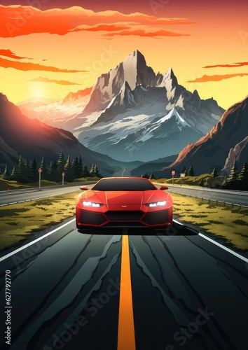 Fast sports car on road with shaped mountains in background, travel abroad concept.