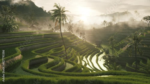 Rice fields terrace at sunset. Flooded Asian rice fields in the mountains. Rice fields in bali photo