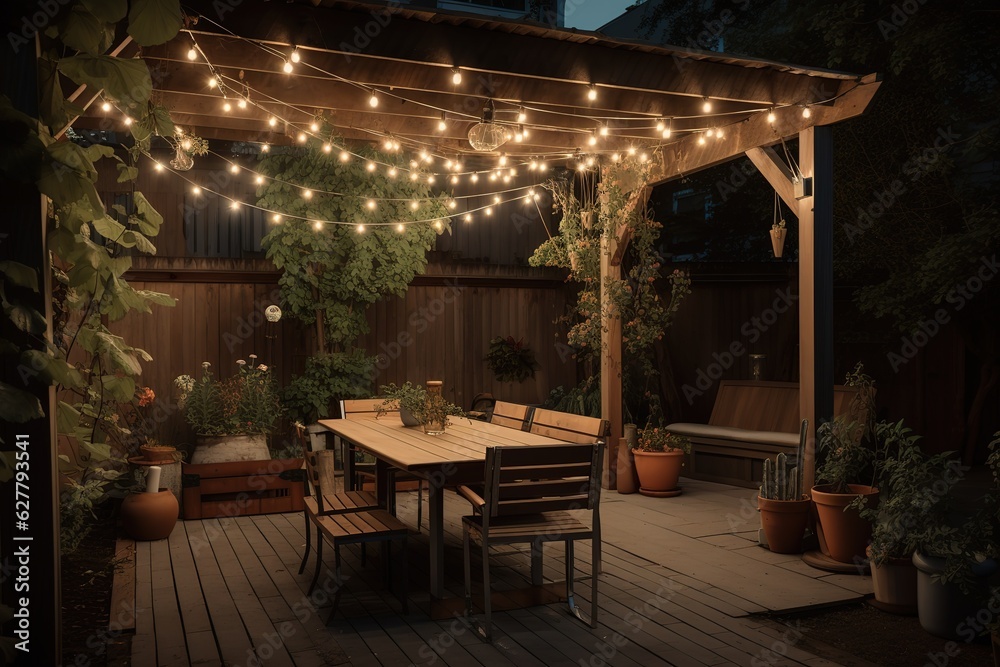 A charming and rustic outdoor dining area with a long wooden table and comfortable seating. Generative AI