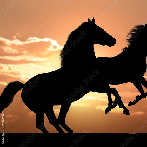 Silhouette of two horses galloping  Generative AI