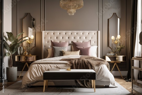 luxurious bedroom with elegant marble flooring and dramatic black wall. Generative AI