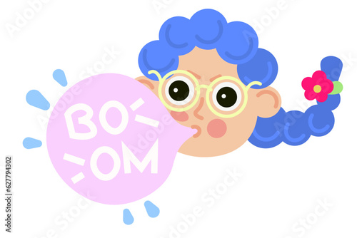 Little girl with blue hair chewing bubble gum. For stickers and school presentations. 