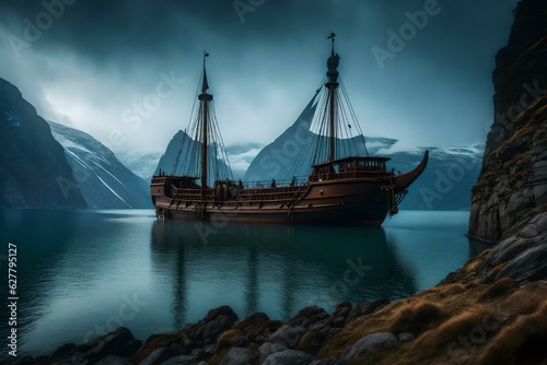 ship in the ocean side with mountain view 