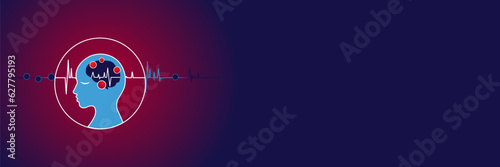 Blue Stroke Symbol with heart rate line and stroke symptoms on brain. Stroke concept on blue banner with copy space. Heart rate beat with high blood pressure inside brain. Vector Illustration. EPS 10.