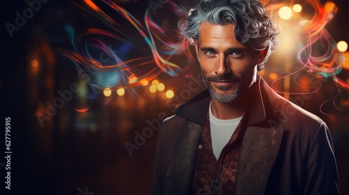 Handsome middle-aged man with abstract magical background. Made with Generative AI.