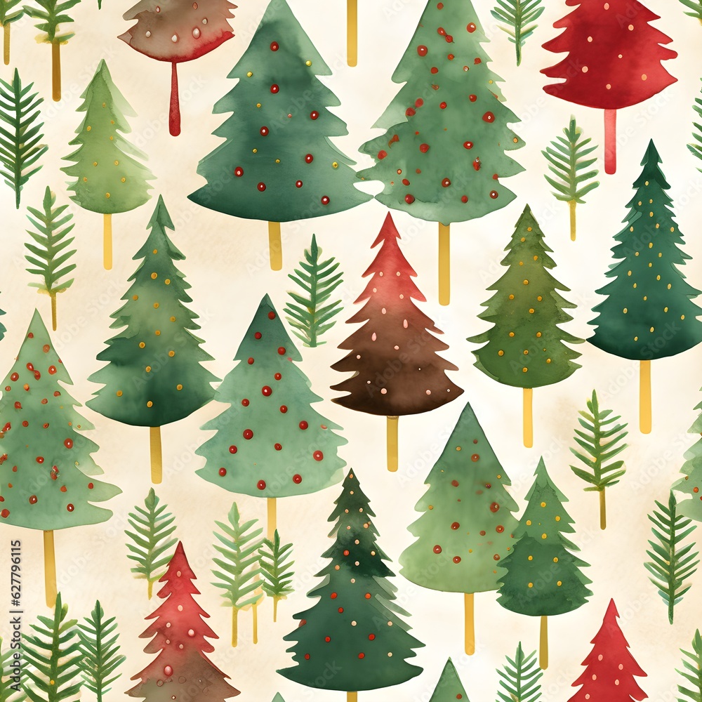 An Illustration of Repeating Christmas Pattern of Various Trees in the Forest