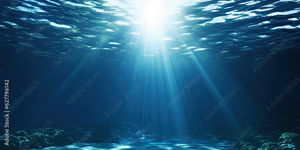 Beautiful blue ocean background with sunlight and undersea scene Beautiful blue ocean background with sunlight and undersea scene