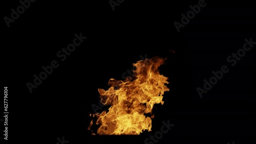Flames of fire on a black background in a window opening. Hot realistic fire in 4K with no background, easy to use on your footage. Variation 01