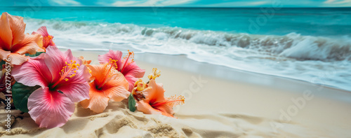 Obraz na plátně Vibrant Hibiscus Blooms Amidst Sandy Beach Blue Ocean  Your Ultimate Vacation Escape