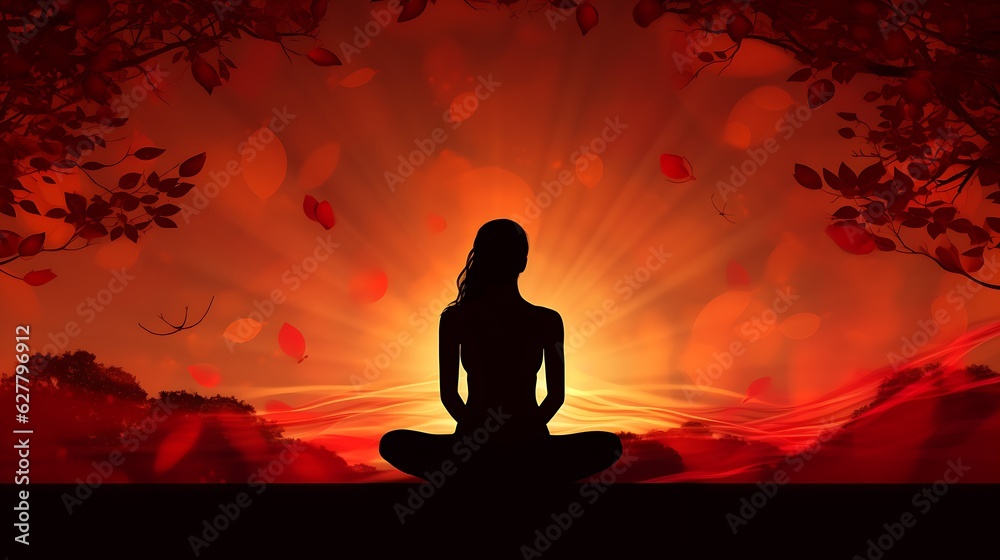 silhouette of a woman sitting under the tree in calm wind busy in yoga. root chakra post.