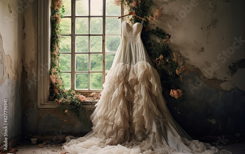 wedding dress in the abandoned room. 