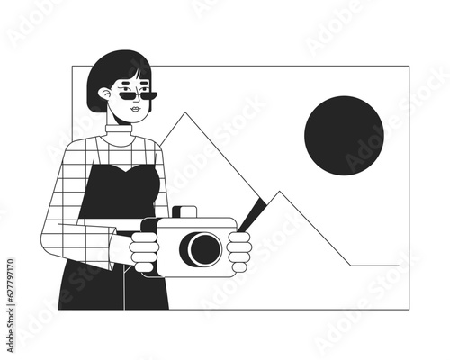 Asian woman photographer bw concept vector spot illustration. Freelancer in photo studio 2D cartoon flat line monochromatic character for web UI design. Editable isolated outline hero image