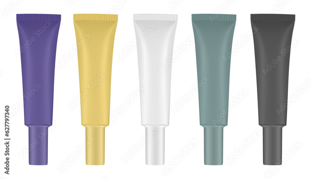 Set of tubes with long cap. Purple, gold, white, green and black. Cosmetic packaging. Serum or ointment. Gel or cream Set of tubes with long cap. Purple, gold, white, green and black. Cosmetic packaging. Serum or ointment. Gel or cream