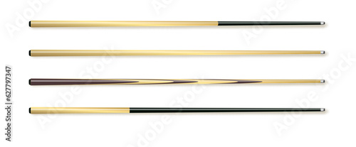 Cues for billiard, snooker realistic templates. Wooden sticks with various design for cuesports. Vector