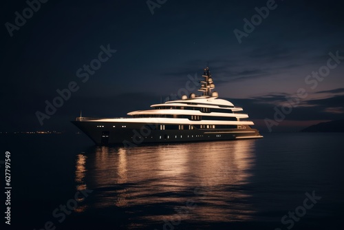 Superyacht at sea, luxury yacht night time, generative ai