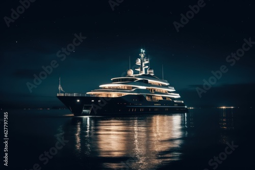 Superyacht at sea, luxury yacht night time, generative ai © Hixel