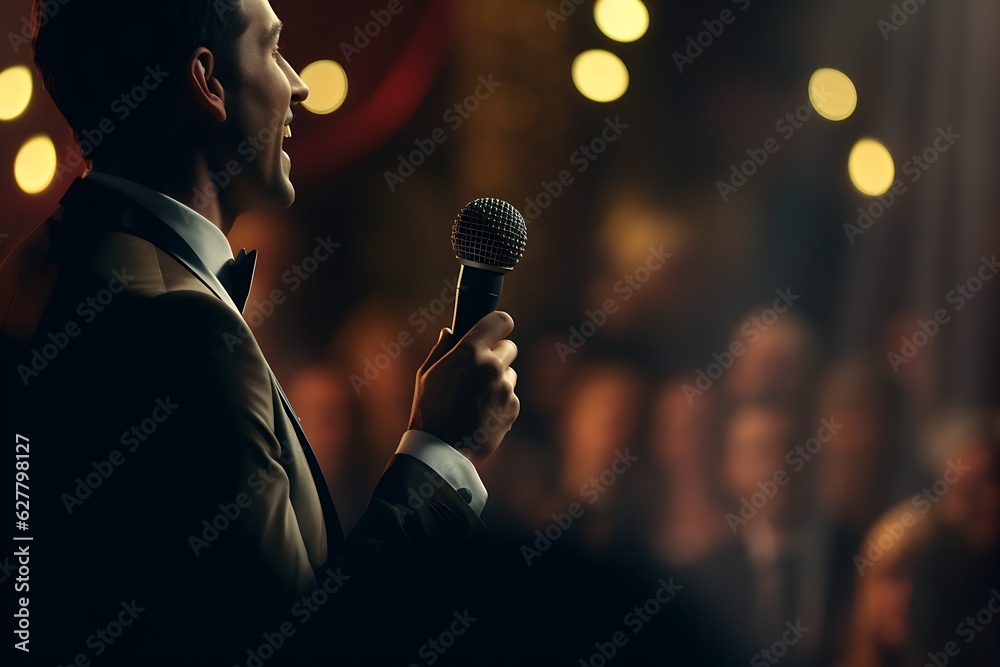  man having microphone giving speech on stage in front of audience side view.
 - obrazy, fototapety, plakaty 