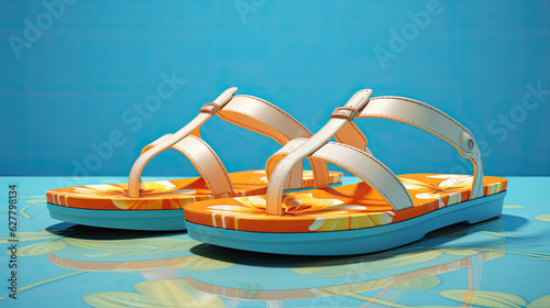 Summer flip-flops isolated on blue background. Generative AI