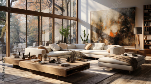 Modern living room scene, bright and soft light. Generative AI