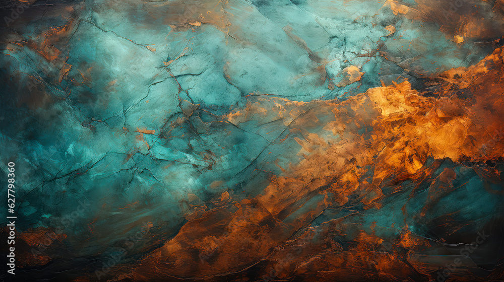 Blue and Orange Abstract Painting with a Textured Surface and Cracks on a Dark Background AI Generative