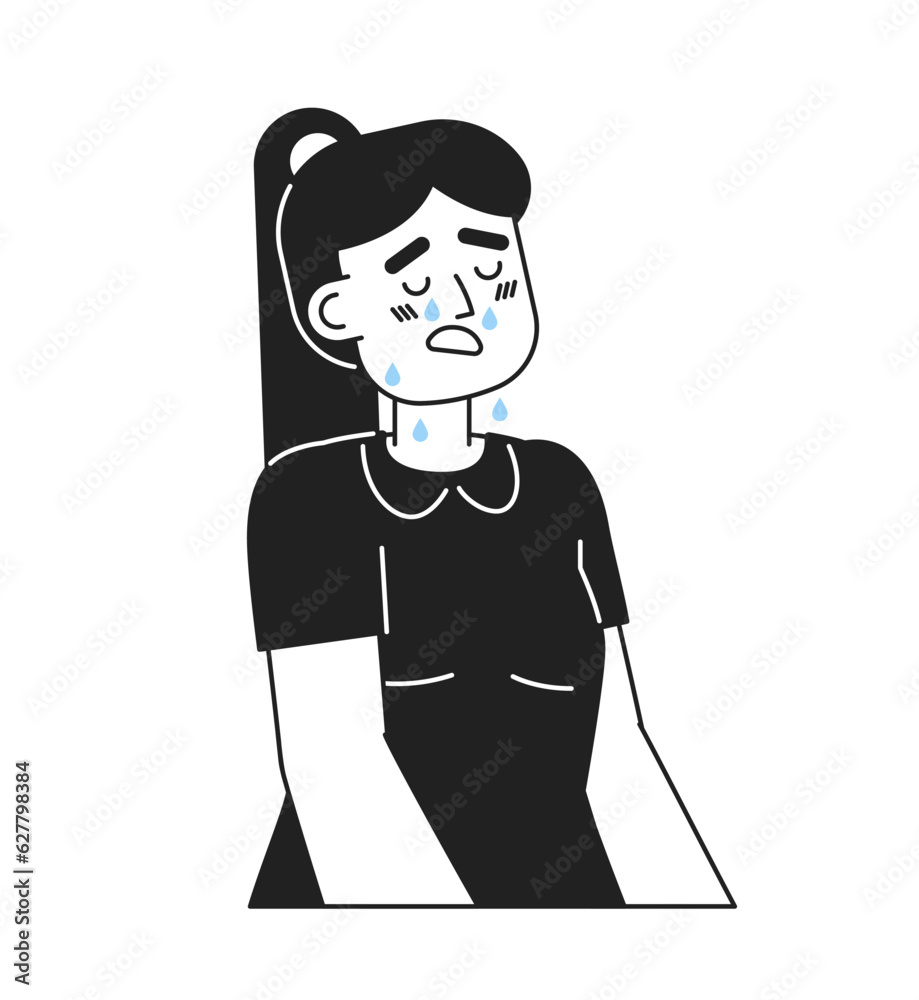 Upset girl with dropping tears and open mouth monochromatic flat vector character. Tearful child in dress. Editable thin line person on white. Simple bw cartoon spot image for web graphic design Upset girl with dropping tears and open mouth monochromatic flat vector character. Tearful child in dress. Editable thin line person on white. Simple bw cartoon spot image for web graphic design