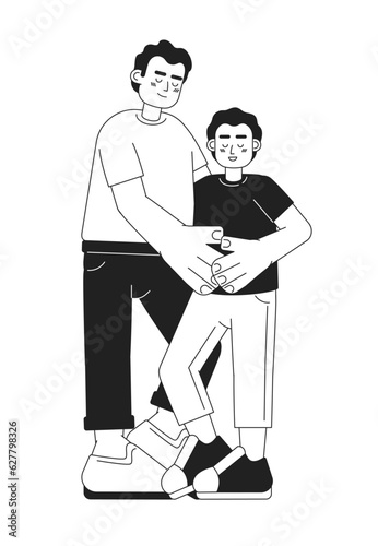 Latino father hugging young preteen son monochromatic flat vector characters. Positive parent with child. Editable thin line people on white. Simple bw cartoon spot image for web graphic design