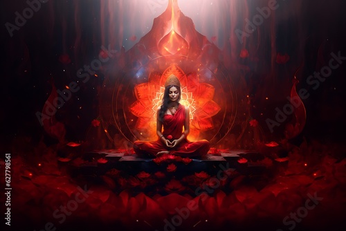  a girl fully releasing her aura while busy in meditation and maintaining root chakra Muladhara. a girl wearing crown and red traditional dress.  photo