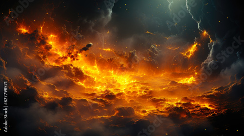 Orange and Yellow Clouds on Fire with Lightning Bolts in a Dark Sky AI Generative