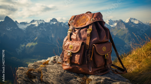 an old vintage leather backpack stands on a rock in the background you can see snow-covered mountains. hiking and trekking concept. Generative AI © jr-art