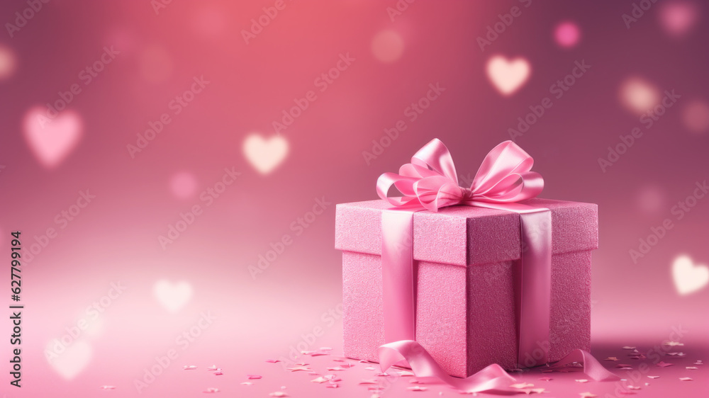 Pink gift box with pink ribbon and bow. Shallow depth of field, bokeh background.