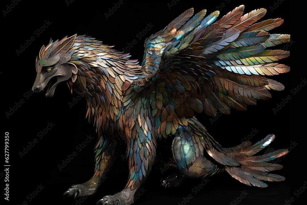 A winged lion with scales instead of fur. Generative AI A winged lion with scales instead of fur. Generative AI