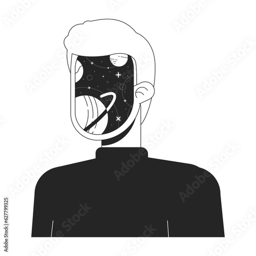 Planets galaxy mind bw concept vector spot illustration. Surreal face man 2D cartoon flat line monochromatic character for web UI design. Space surrealism male editable isolated outline hero image