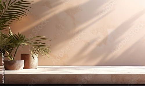 Modern concrete countertop in beige. Stylish interior settings. Made with Generative AI. © Larisa