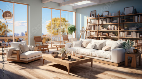 Modern living room scene, bright and soft light. Generative AI © piai