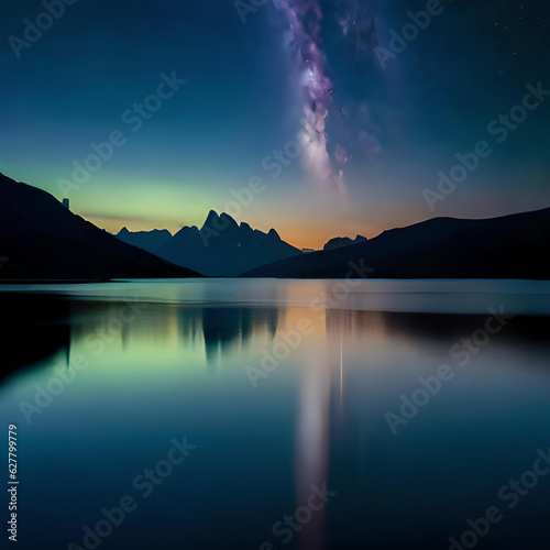 A panoramic view of lake under a stary sky